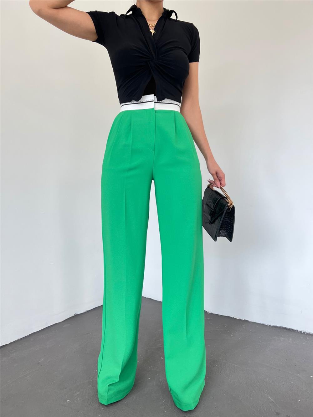 Reverse Belted Loose Trousers with Velcro Waist -Green-371-3765-R35