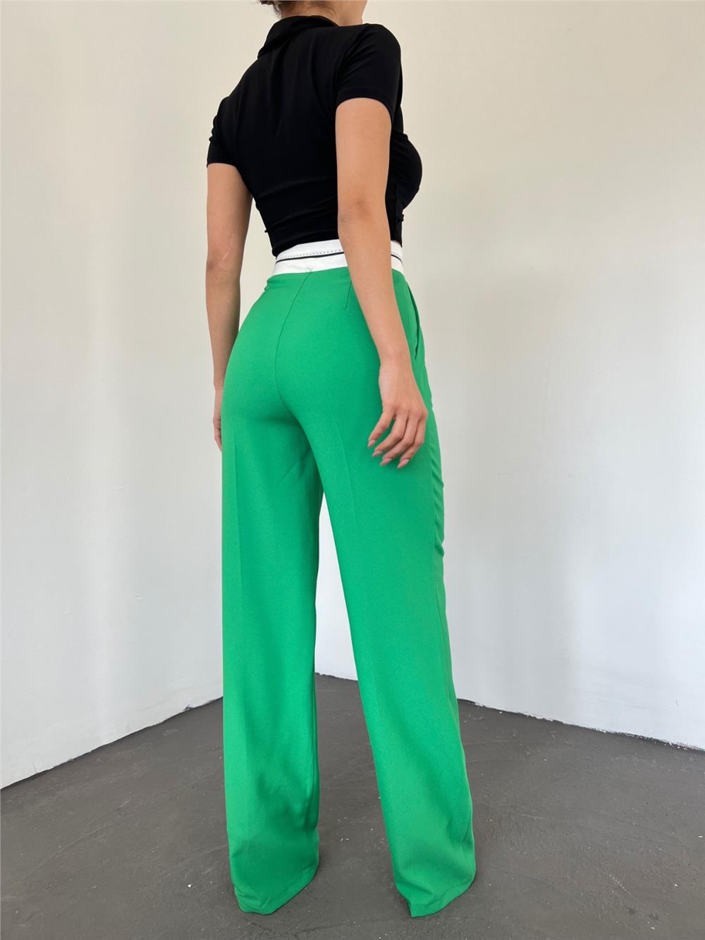 Reverse Belted Loose Trousers with Velcro Waist -Green-371-3765-R35