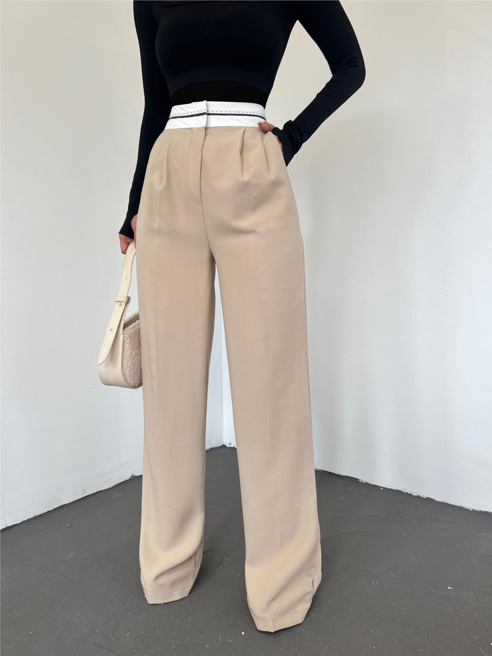 Reverse Belted Loose Trousers with Velcro Waist -Beige-371-3765-R56