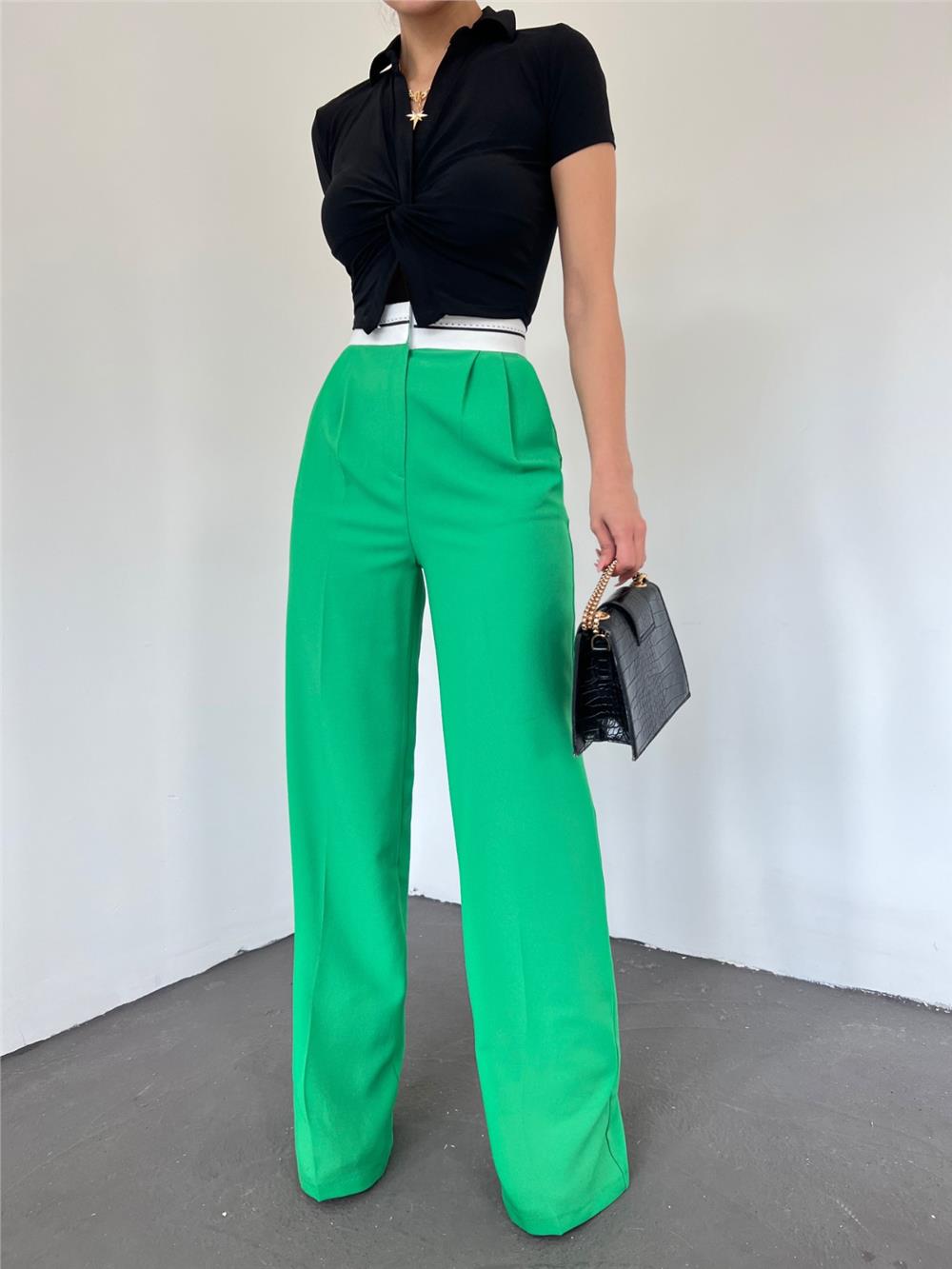 Reverse Belted Loose Trousers with Velcro Waist -Green-371-3765-R35