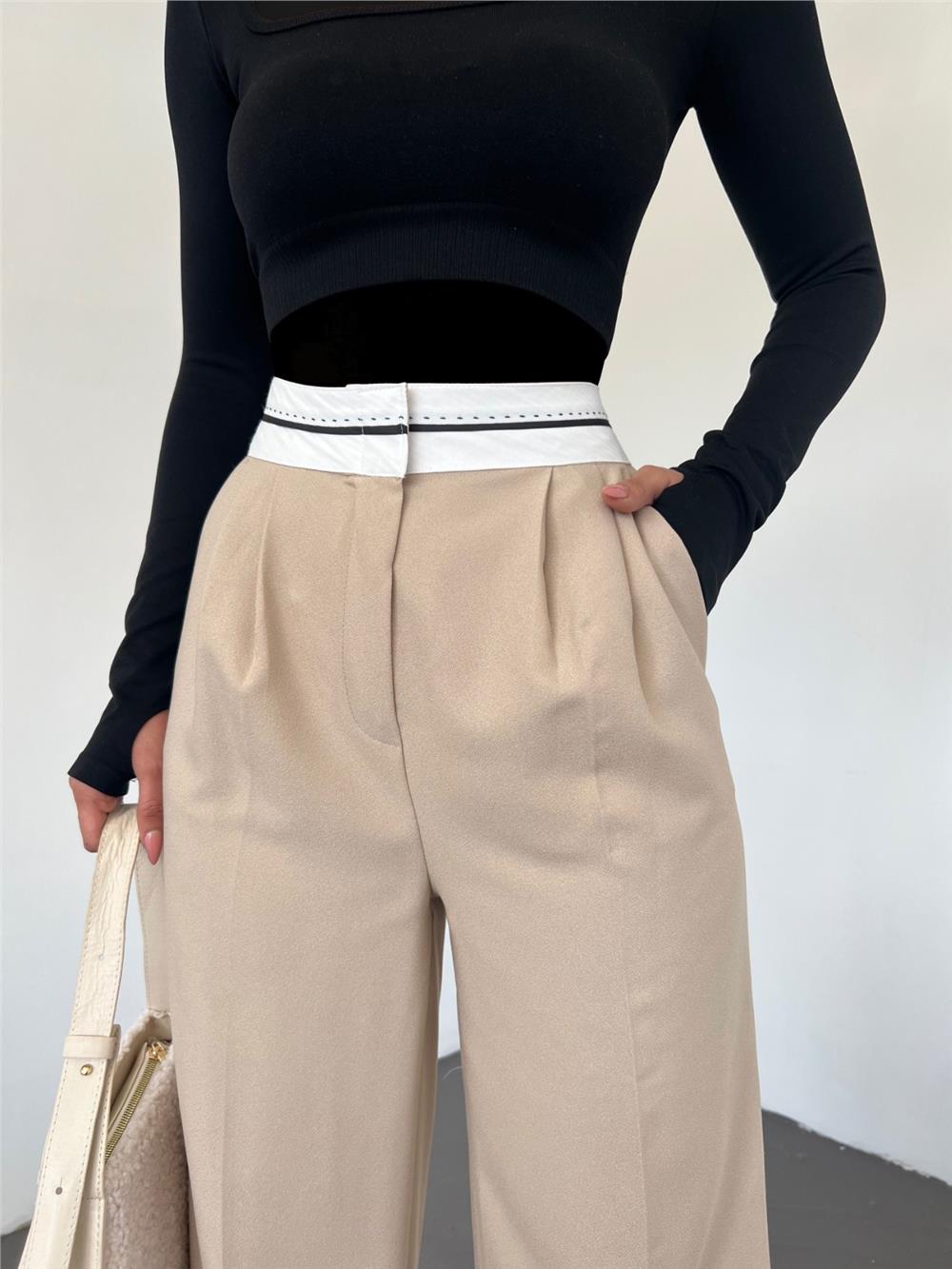 Reverse Belted Loose Trousers with Velcro Waist -Beige-371-3765-R56