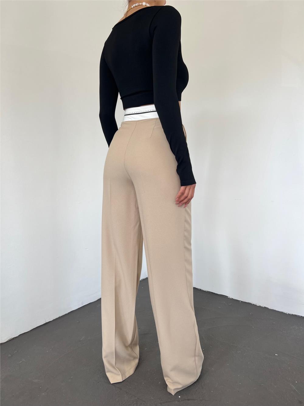 Reverse Belted Loose Trousers with Velcro Waist -Beige-371-3765-R56