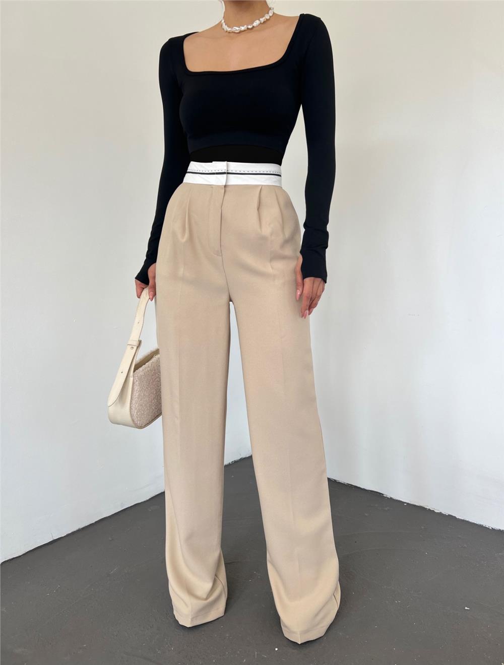 Reverse Belted Loose Trousers with Velcro Waist -Beige-371-3765-R56