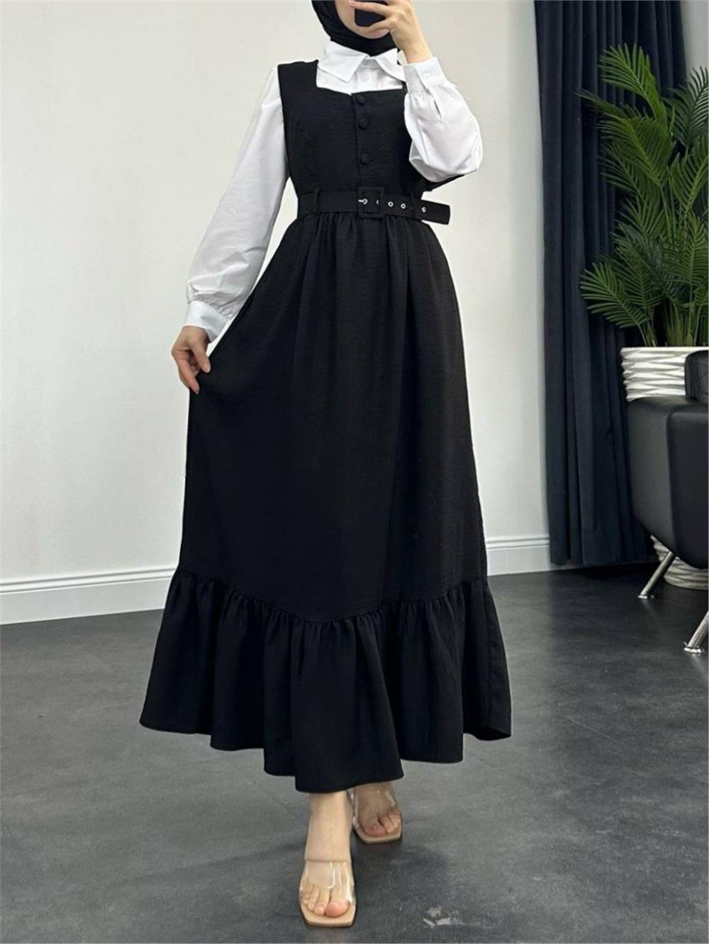 Top Buttoned Shirt Double Suit Gilet -Black-386-5997-R01