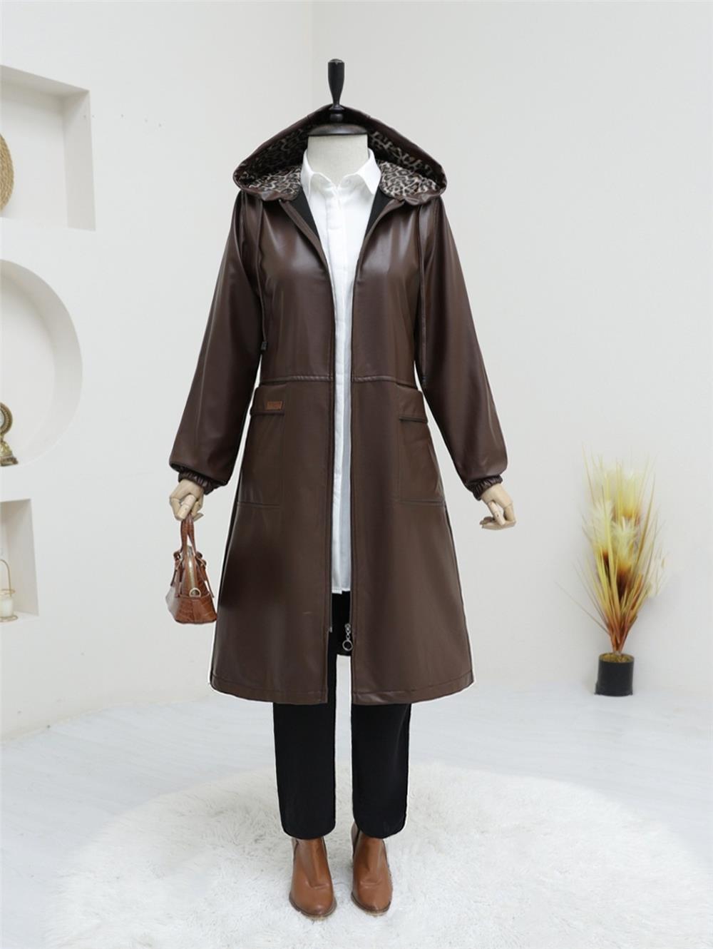Zippered Faux Leather Cap with Bag Pocket - Brown-197-1254-R15