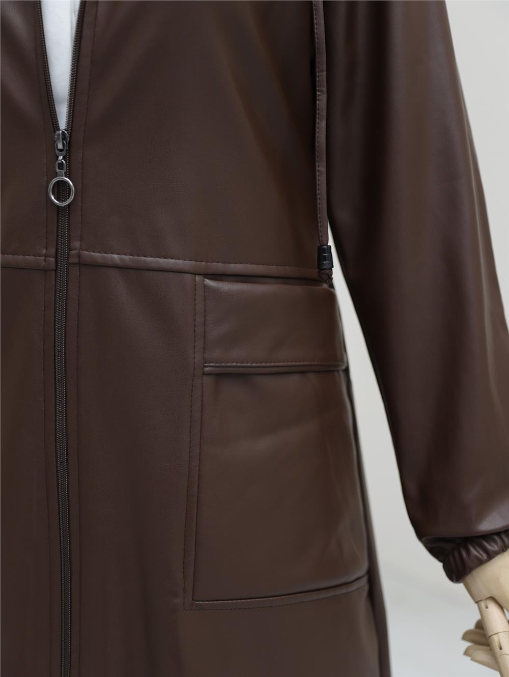 Zippered Faux Leather Cap with Bag Pocket - Brown-197-1254-R15