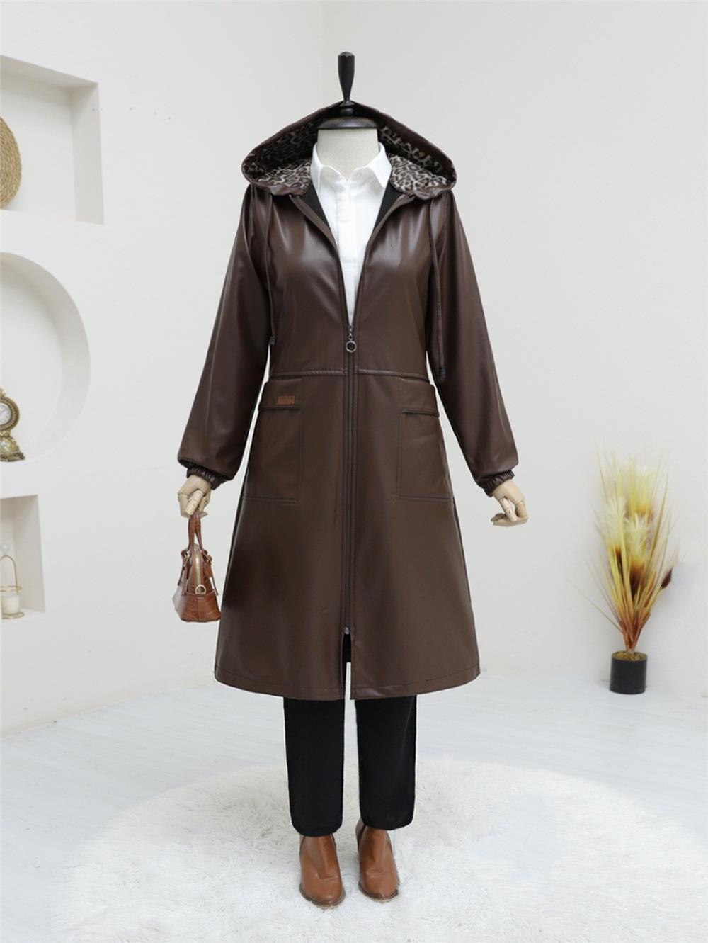Zippered Faux Leather Cap with Bag Pocket - Brown-197-1254-R15