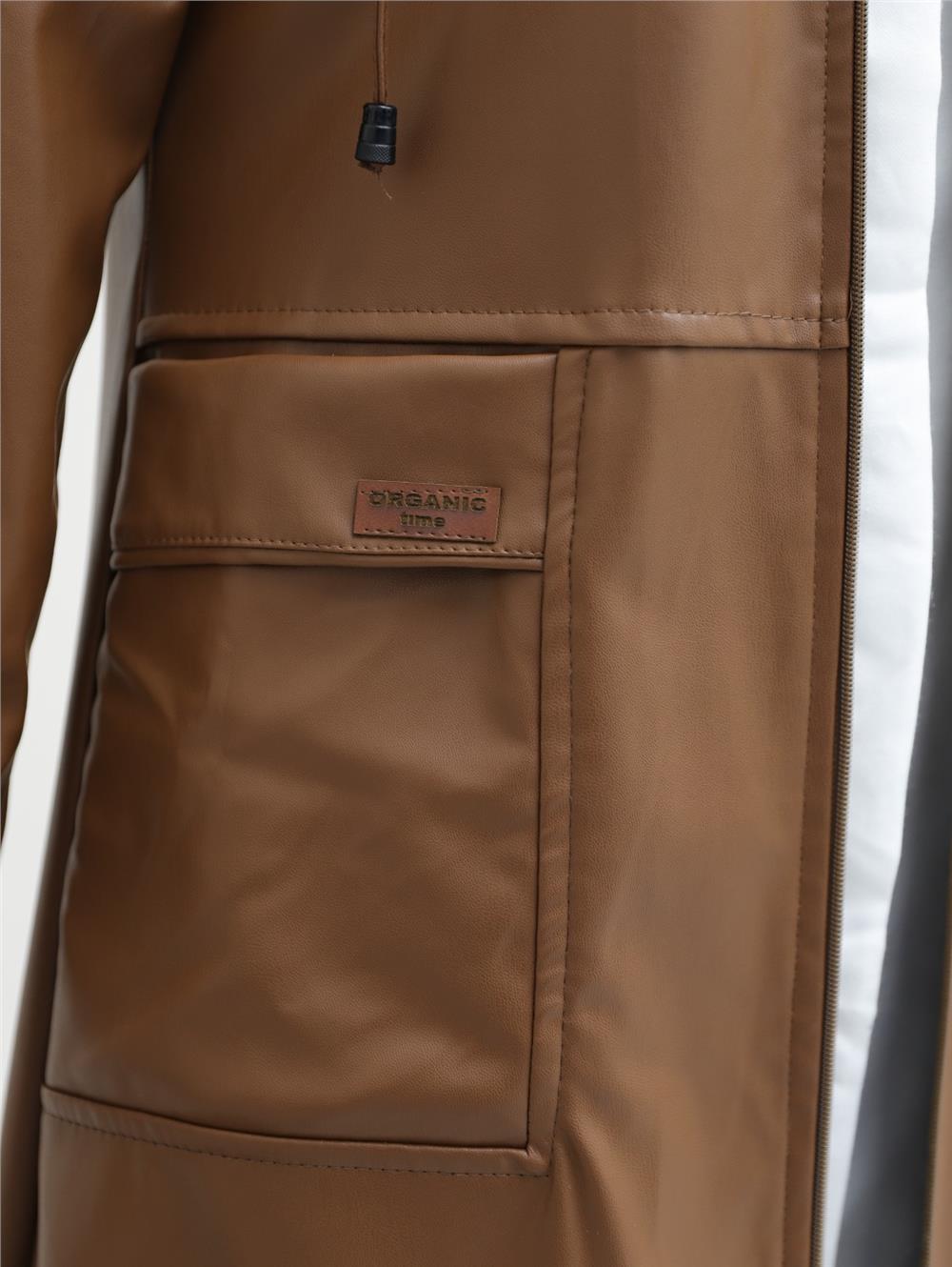Zippered Faux Leather Cap with Bag Pocket -Tan-197-1254-R12