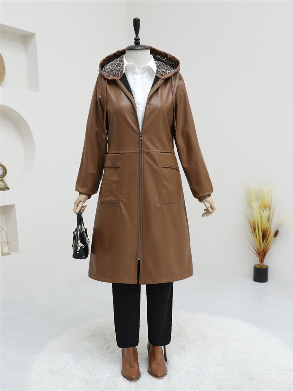 Zippered Faux Leather Cap with Bag Pocket -Tan-197-1254-R12