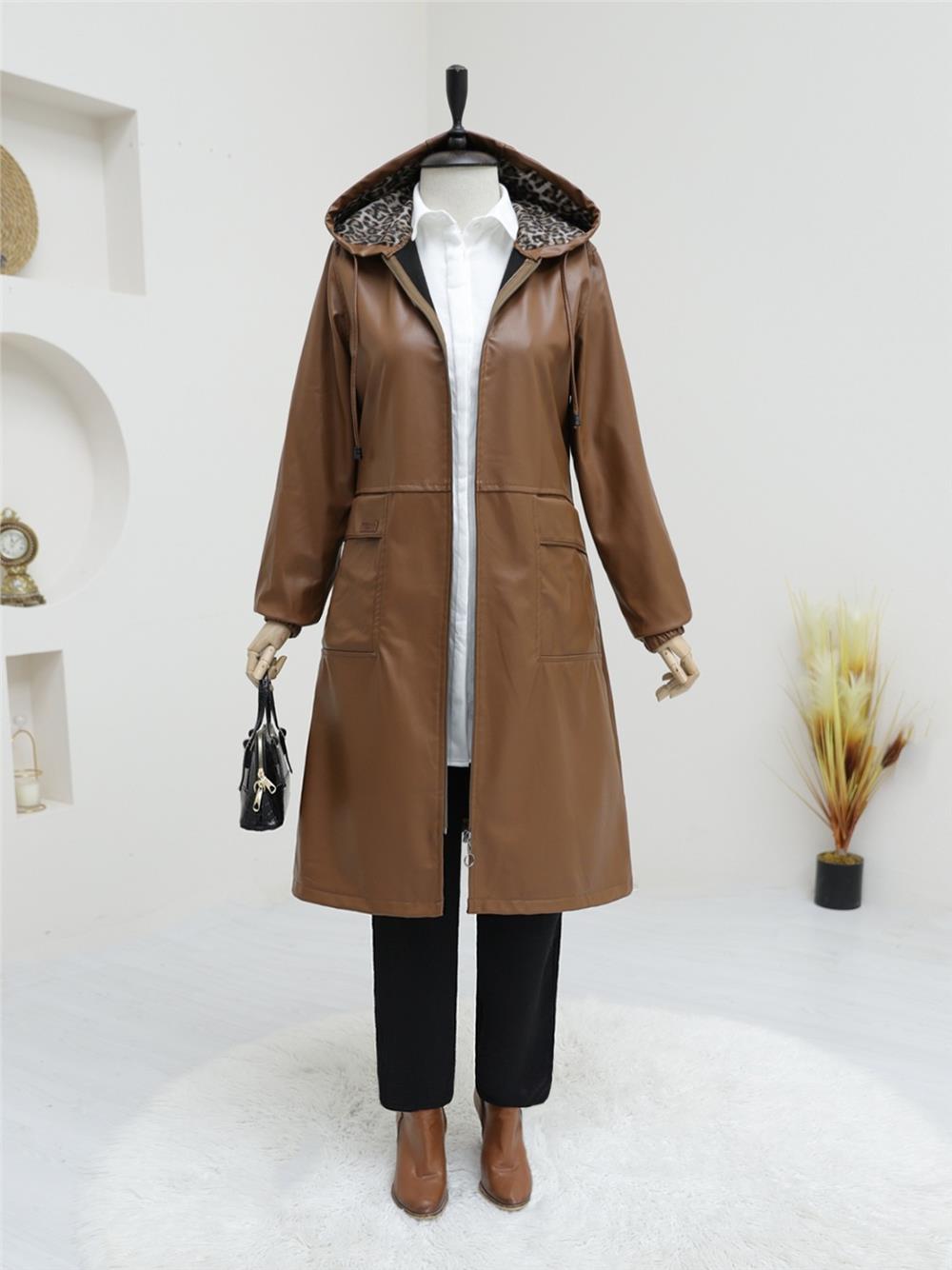 Zippered Faux Leather Cap with Bag Pocket -Tan-197-1254-R12