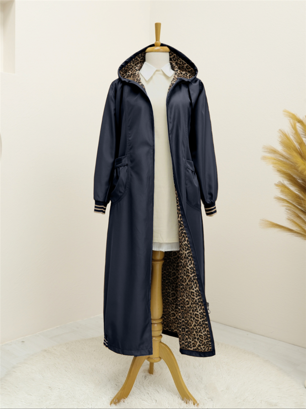 Hooded Ribbed Trench Coat with Bag Pockets - Navy Blue-197-1256-R03