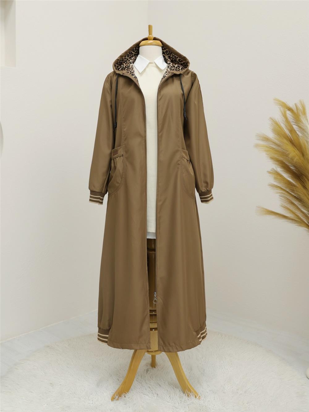 Hooded Ribbed Trench Coat with Bag Pockets -Tan-197-1256-R12