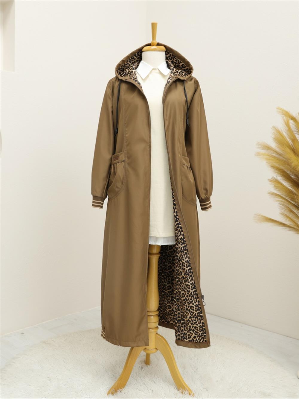 Hooded Ribbed Trench Coat with Bag Pockets -Tan-197-1256-R12