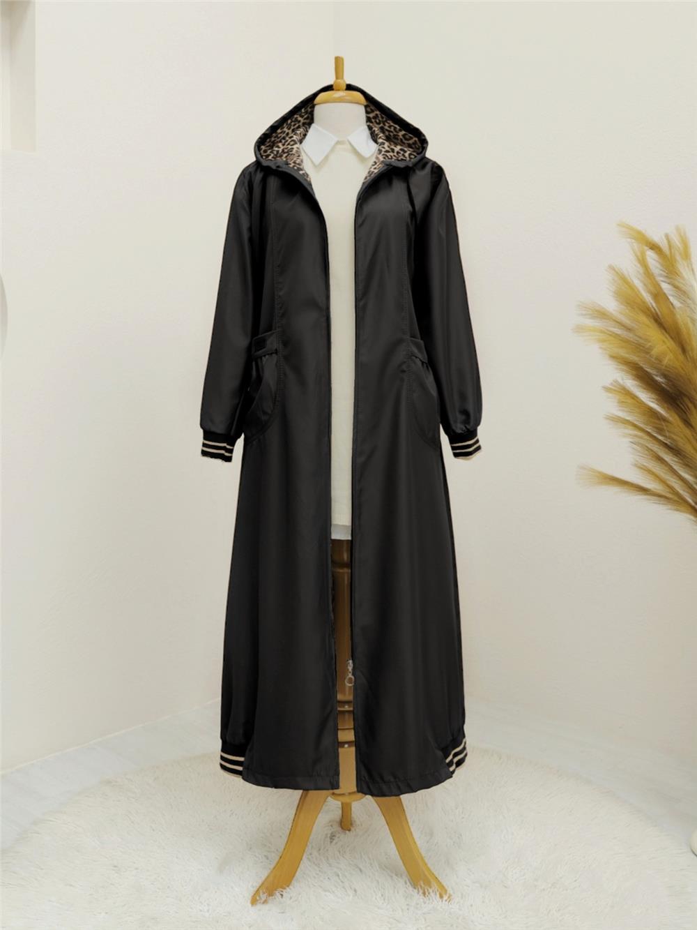 Hooded Ribbed Trench Coat with Bag Pockets -Black-197-1256-R01