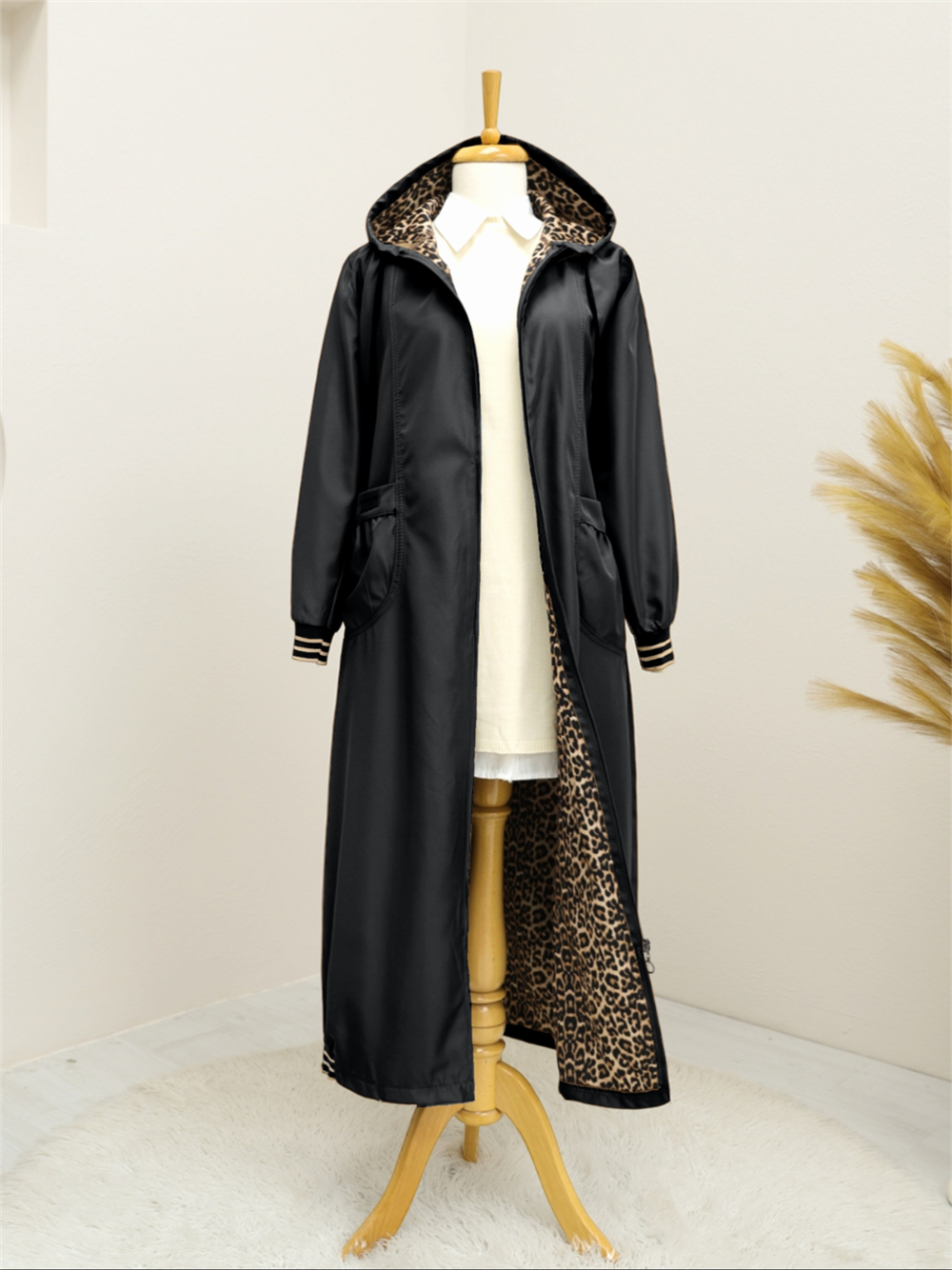 Hooded Ribbed Trench Coat with Bag Pockets -Black-197-1256-R01