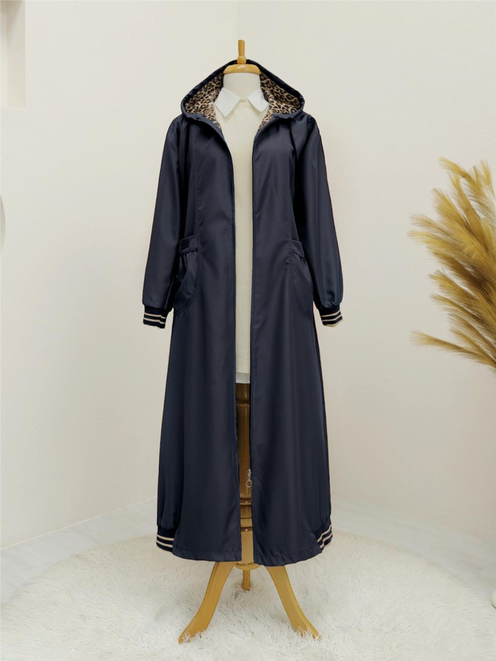 Hooded Ribbed Trench Coat with Bag Pockets - Navy Blue-197-1256-R03