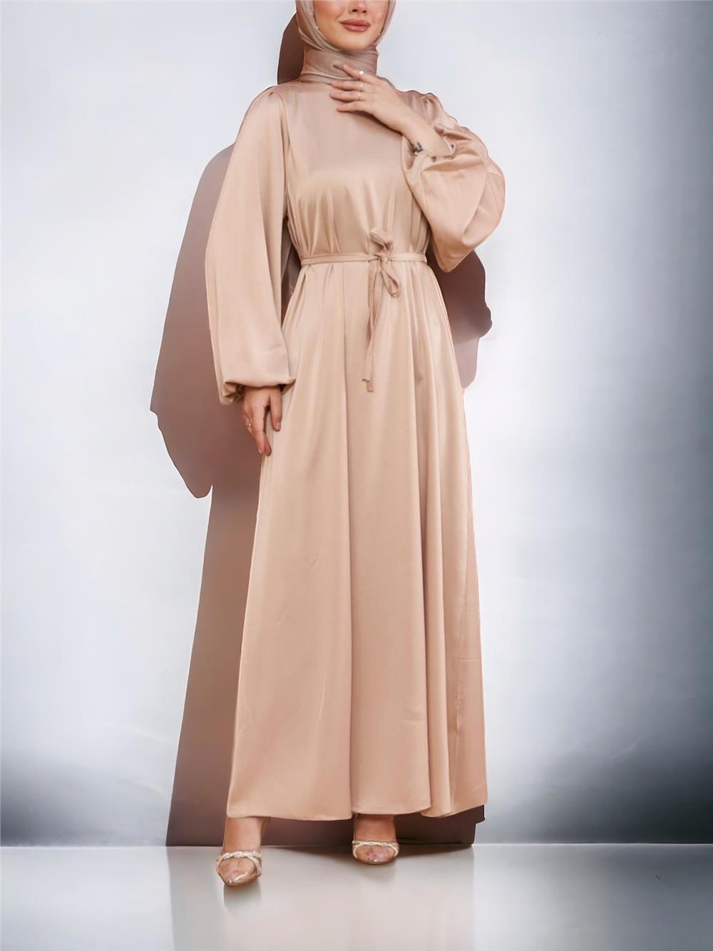 Tulle Balloon Sleeve Belted Satin Dress -Beige-316-4490-R56