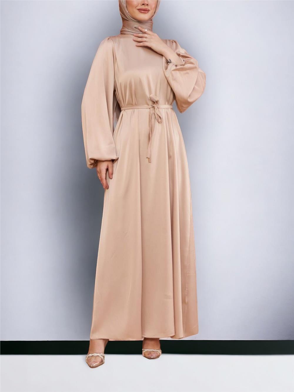 Tulle Balloon Sleeve Belted Satin Dress -Beige-316-4490-R56
