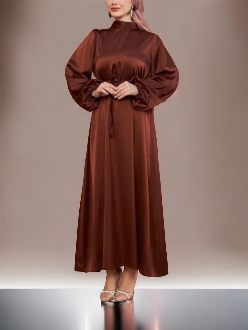 Tulle Balloon Sleeve Belted Satin Dress -K. Coffee-316-4490-R54