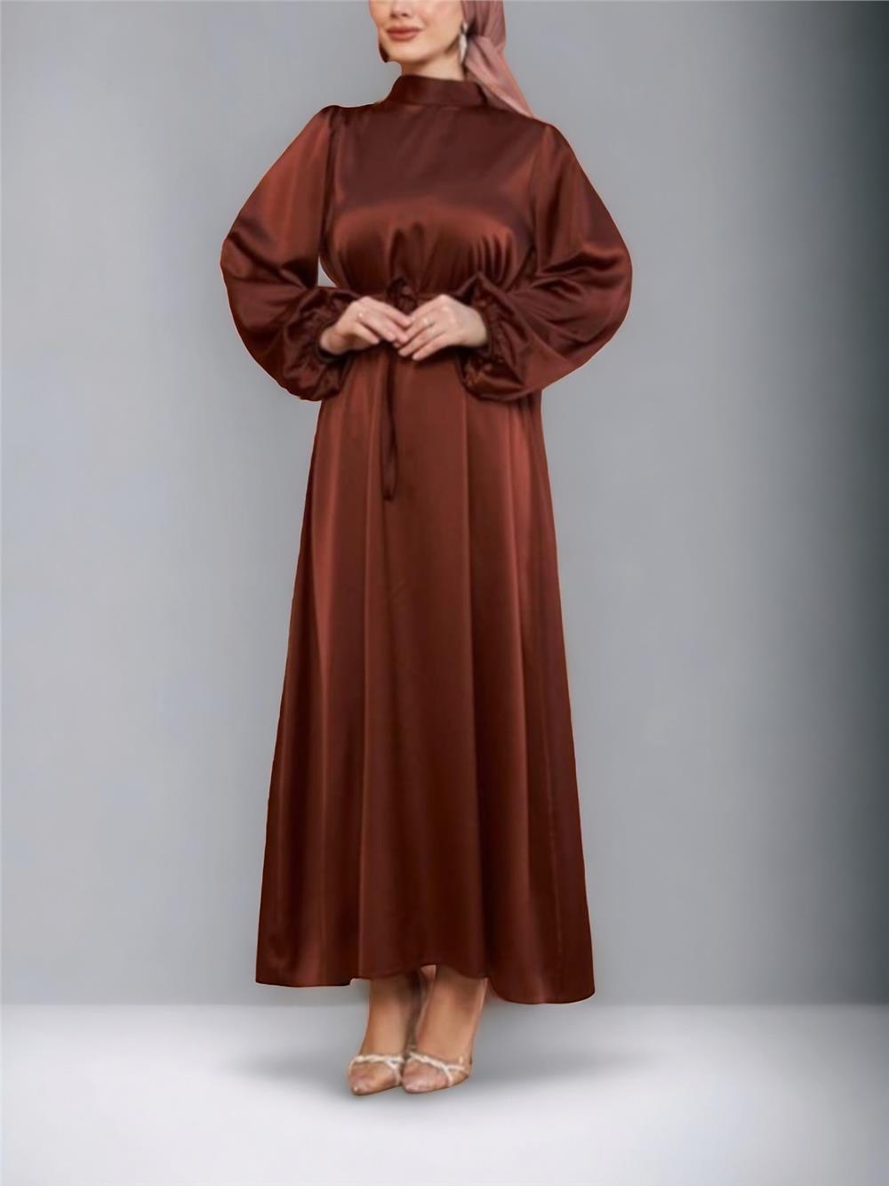 Tulle Balloon Sleeve Belted Satin Dress -K. Coffee-316-4490-R54