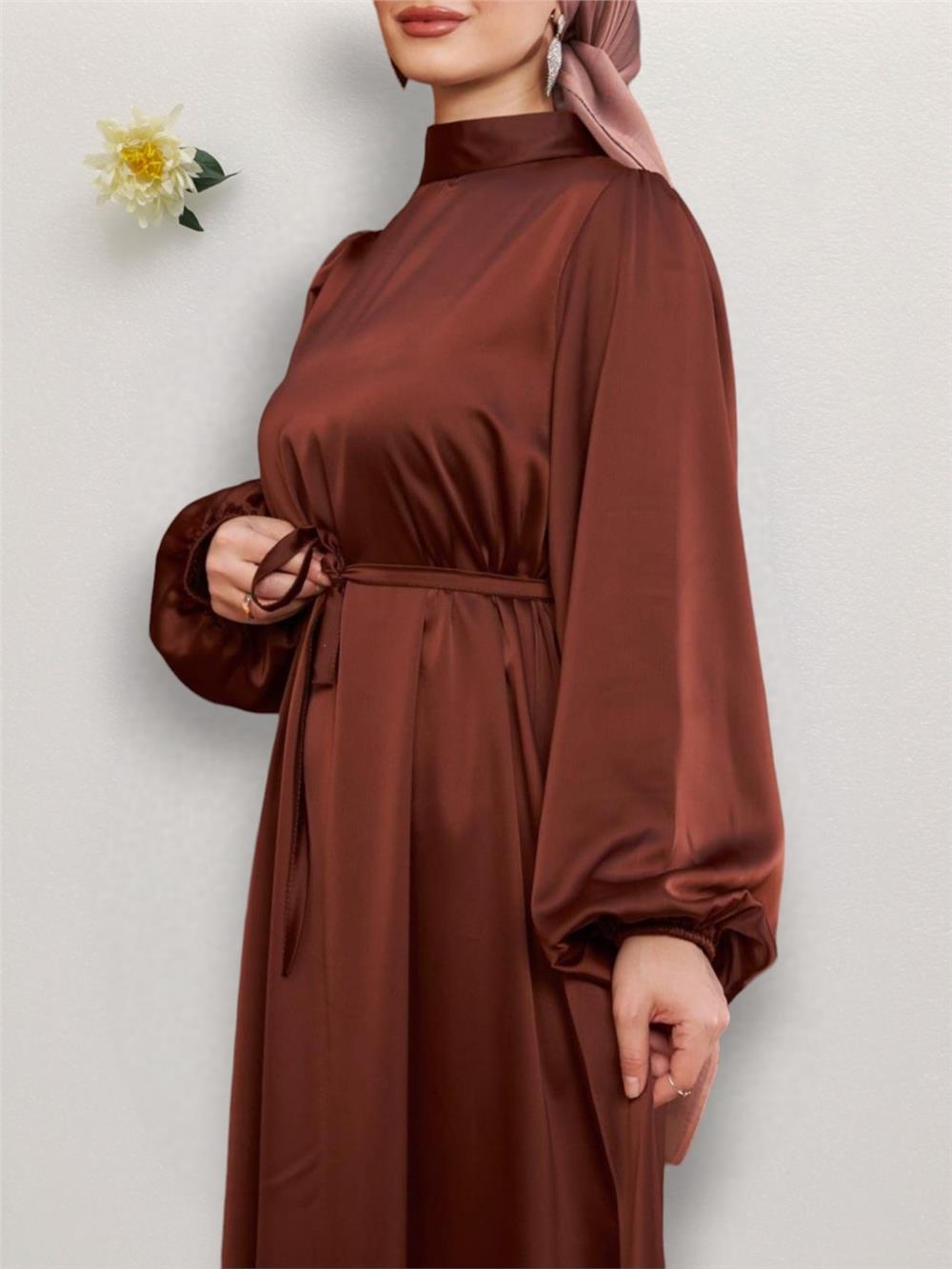 Tulle Balloon Sleeve Belted Satin Dress -K. Coffee-316-4490-R54