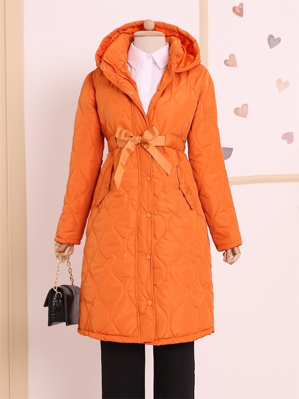 Tunnel Lace-Up Pockets Quilted Coat -Orange-246-8280-R16