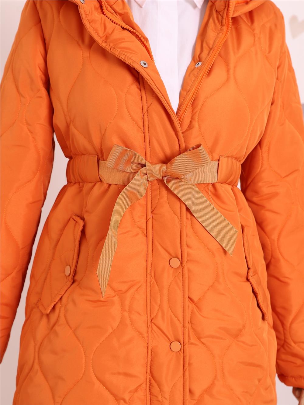 Tunnel Lace-Up Pockets Quilted Coat -Orange-246-8280-R16