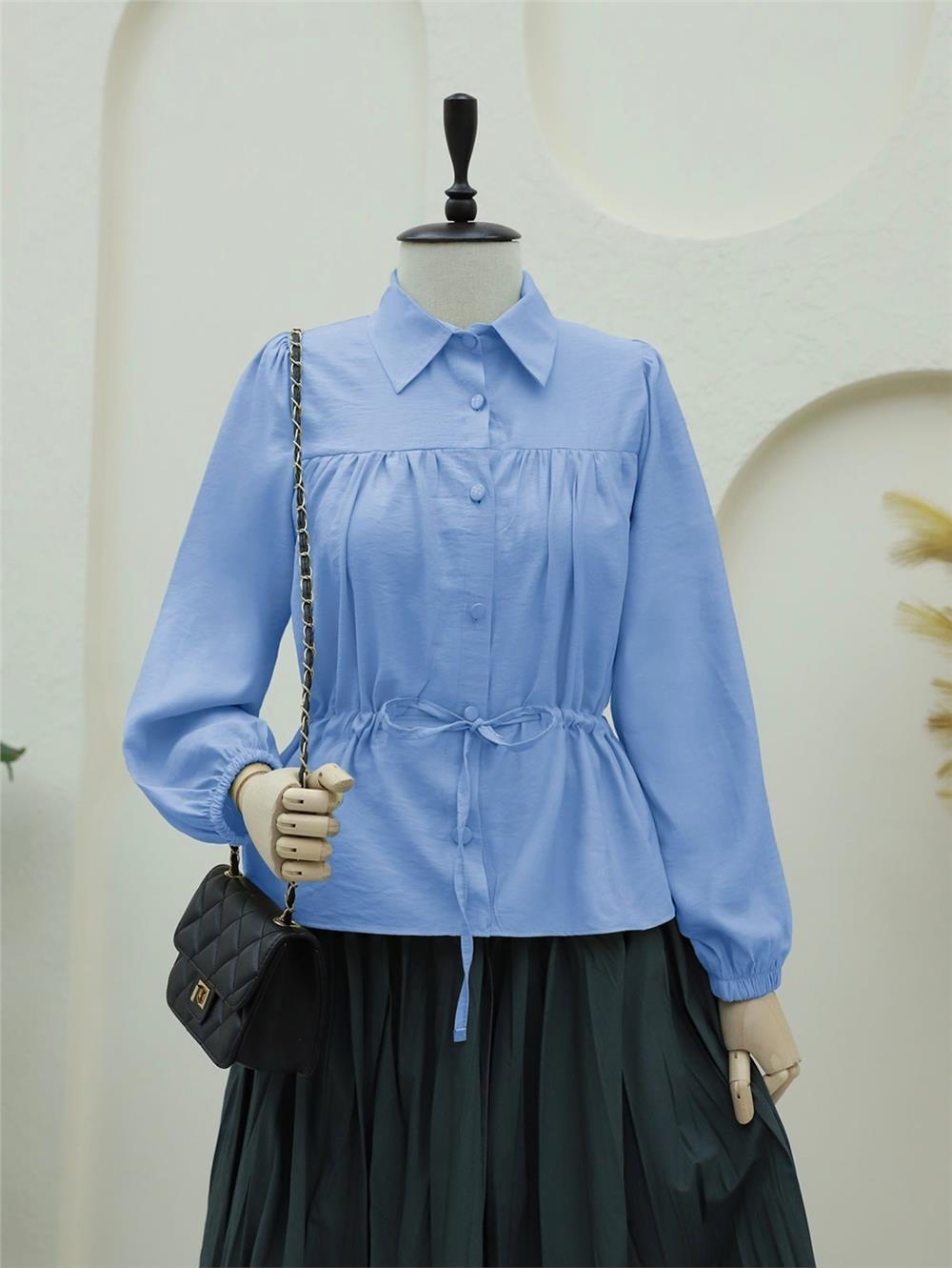 Tünel Bağcıklı Düğmeli Gömlek Bluz -Bebe Mavi-398-1004-R32