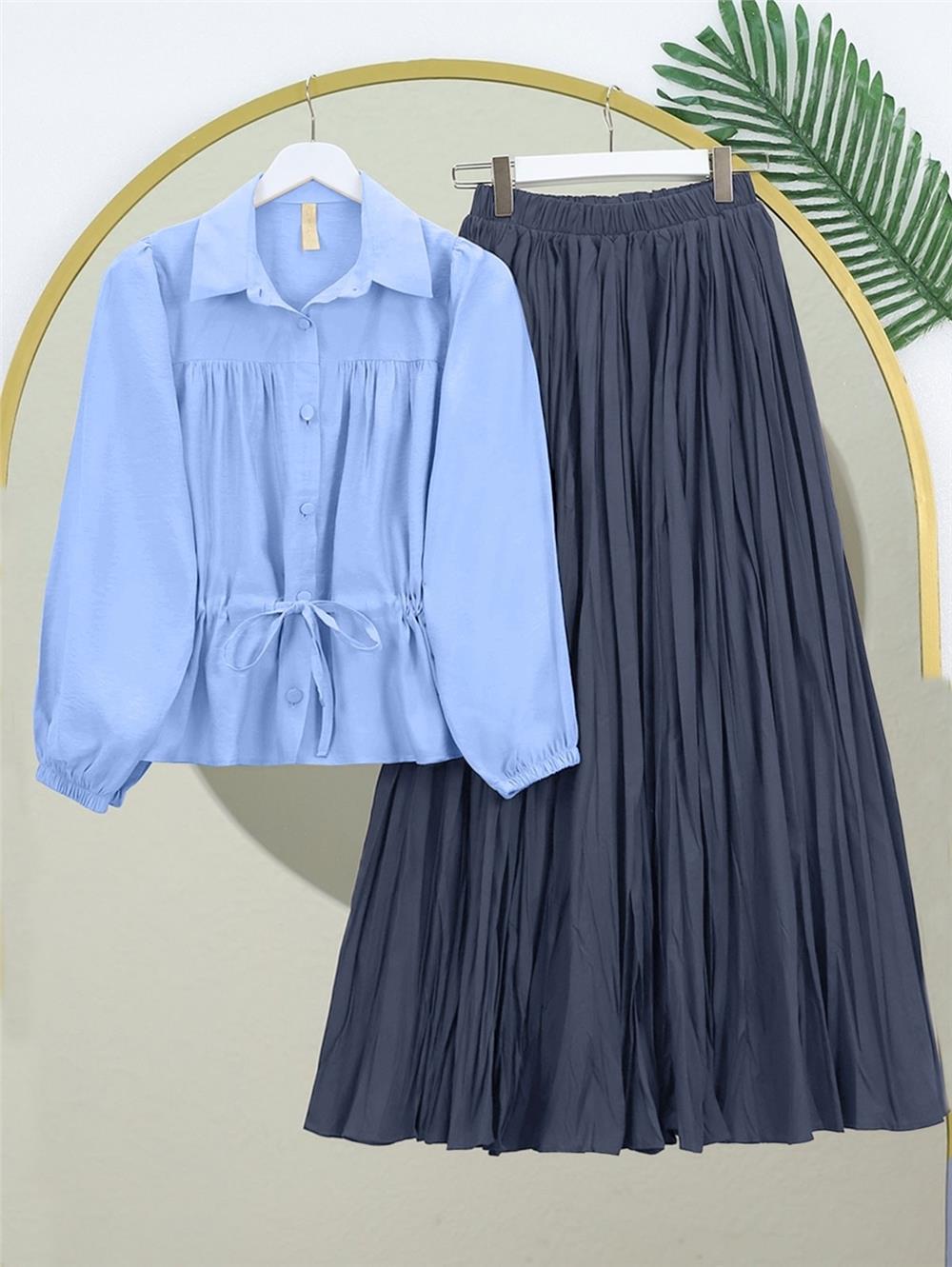 Tünel Bağcıklı Düğmeli Gömlek Bluz -Bebe Mavi-398-1004-R32