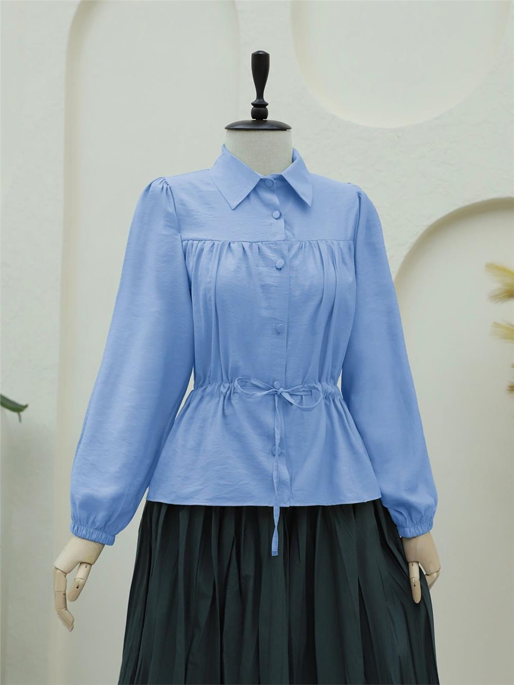 Tünel Bağcıklı Düğmeli Gömlek Bluz -Bebe Mavi-398-1004-R32