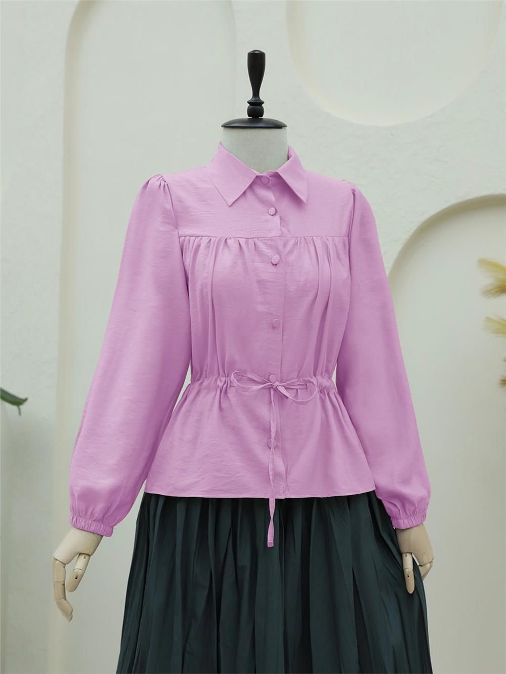 Tünel Bağcıklı Düğmeli Gömlek Bluz -Pembe-398-1004-R20