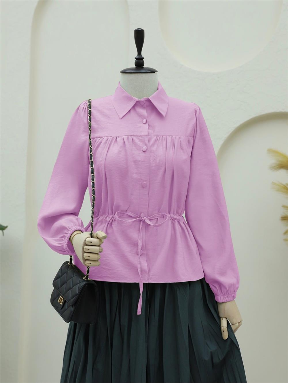 Tünel Bağcıklı Düğmeli Gömlek Bluz -Pembe-398-1004-R20
