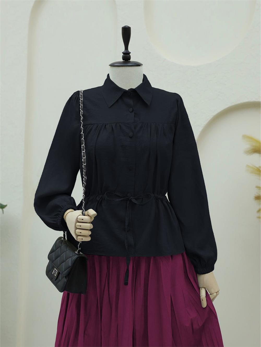 Tünel Bağcıklı Düğmeli Gömlek Bluz  -Siyah-398-1004-R01