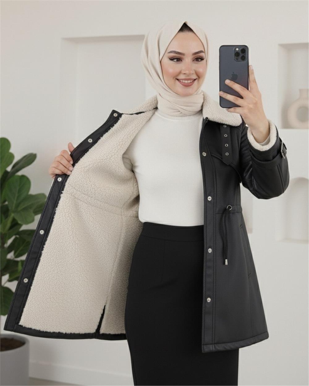 Tünel Bağcıklı İçi Kürklü Çıtçıtlı  Ve Cepli Rüzgar Detaylı Deri Mont  -Siyah-348-2736-R01