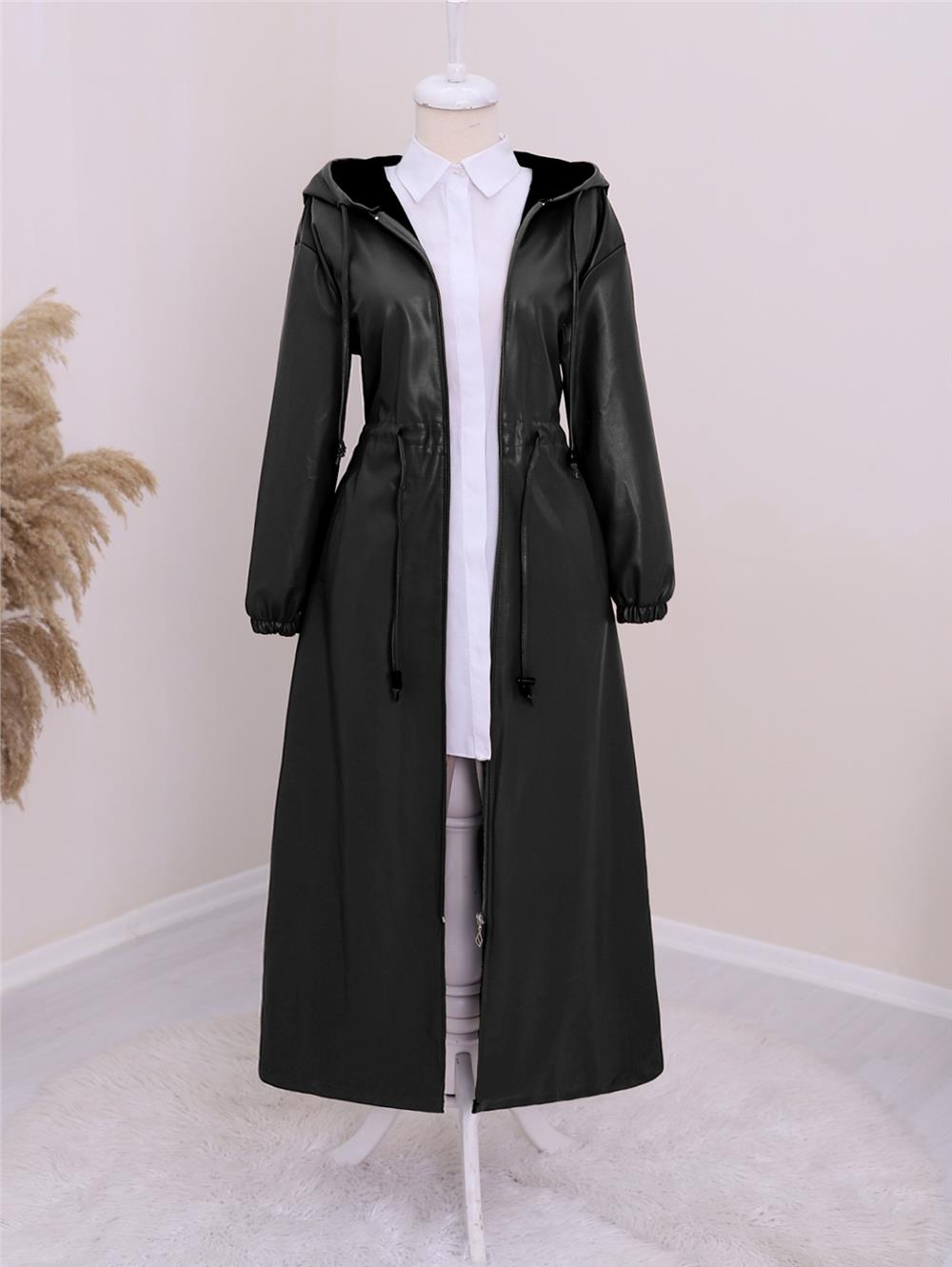 Tunnel Lace-Up Hooded Zipper Long Leather Cap -Black-192-MN49-R01