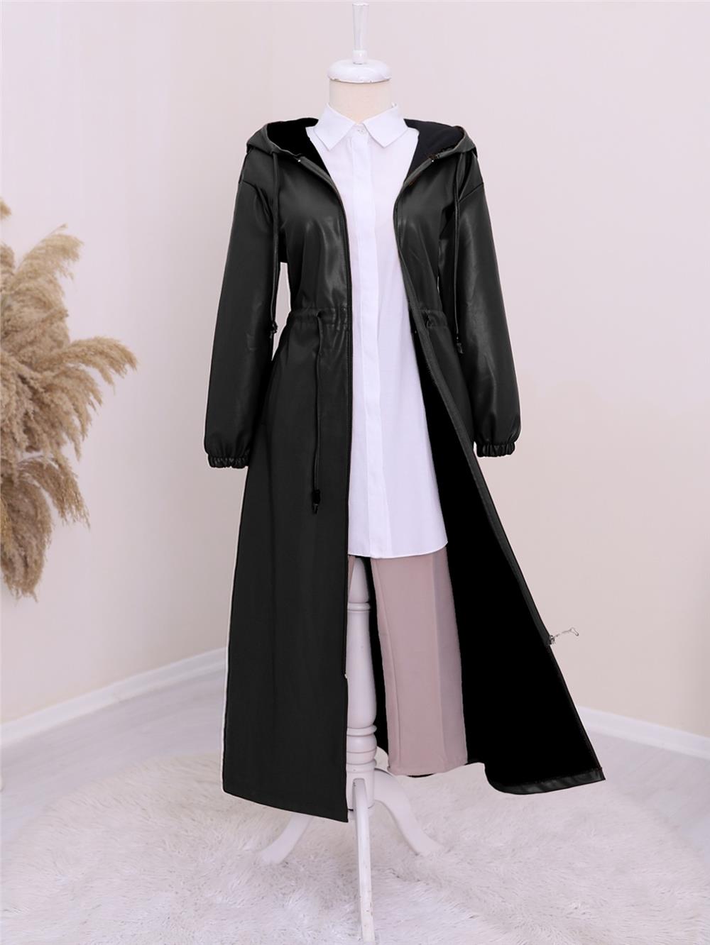Tunnel Lace-Up Hooded Zipper Long Leather Cap -Black-192-MN49-R01