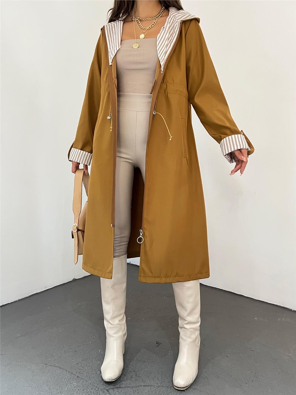 Tunnel Lace Hooded Trench Coat -Tan-186-613-R12