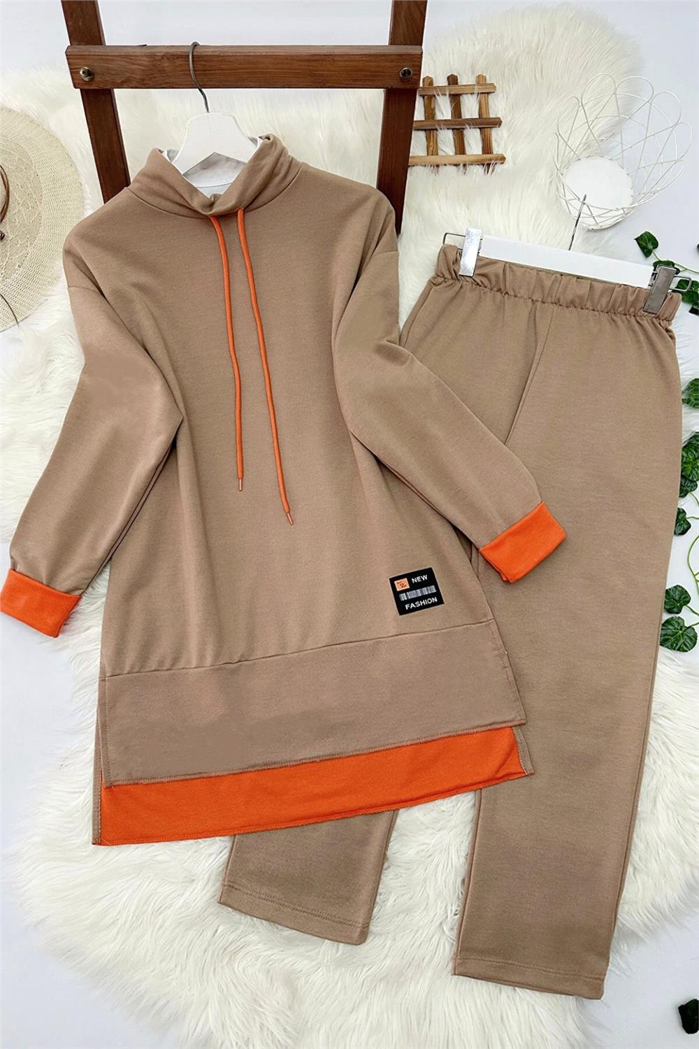 Orange Detailed Two Thread Combed Cotton Double Suit -Mink-349-4074-R23