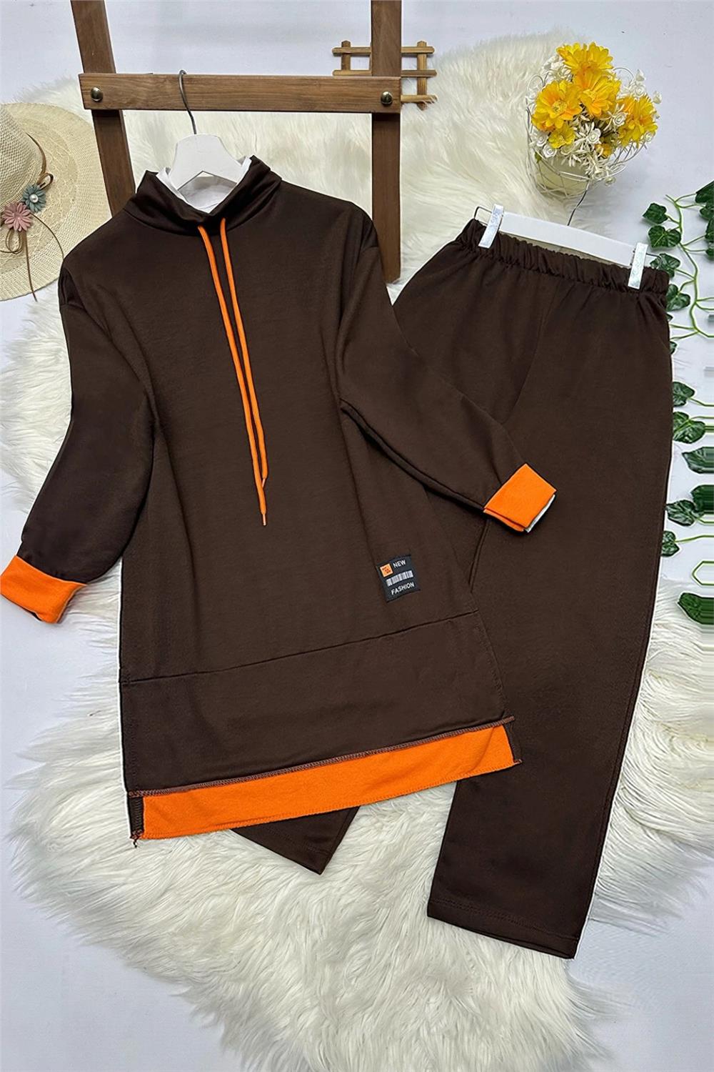 Two Thread Combed Cotton Double Suit with Orange Detail - Brown-349-4074-R15