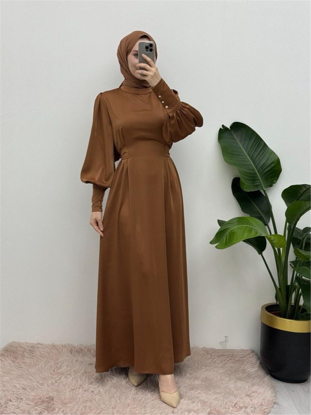 Long Cuffed Waist Tied Satin Balloon Sleeve Dress -Tan-386-6103-R12