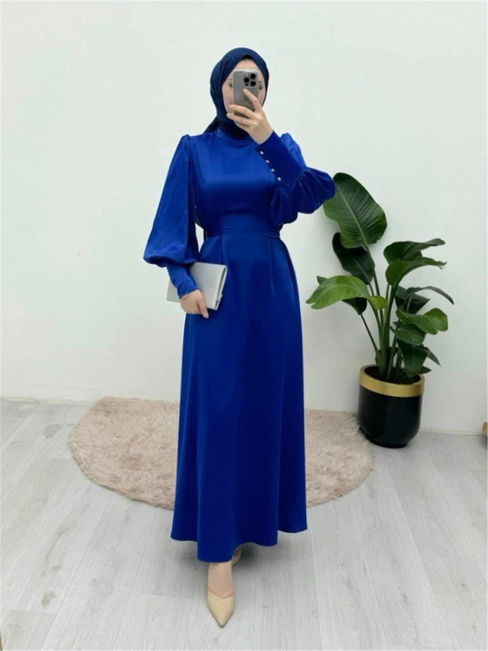 Long Cuffed Waist Tied Satin Balloon Sleeve Dress - Saks-386-6103-R10