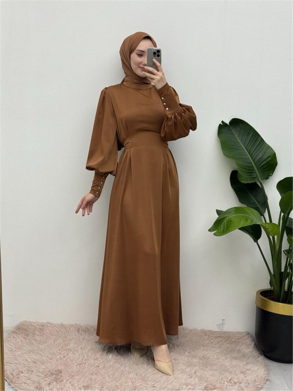Long Cuffed Waist Tied Satin Balloon Sleeve Dress -Tan-386-6103-R12
