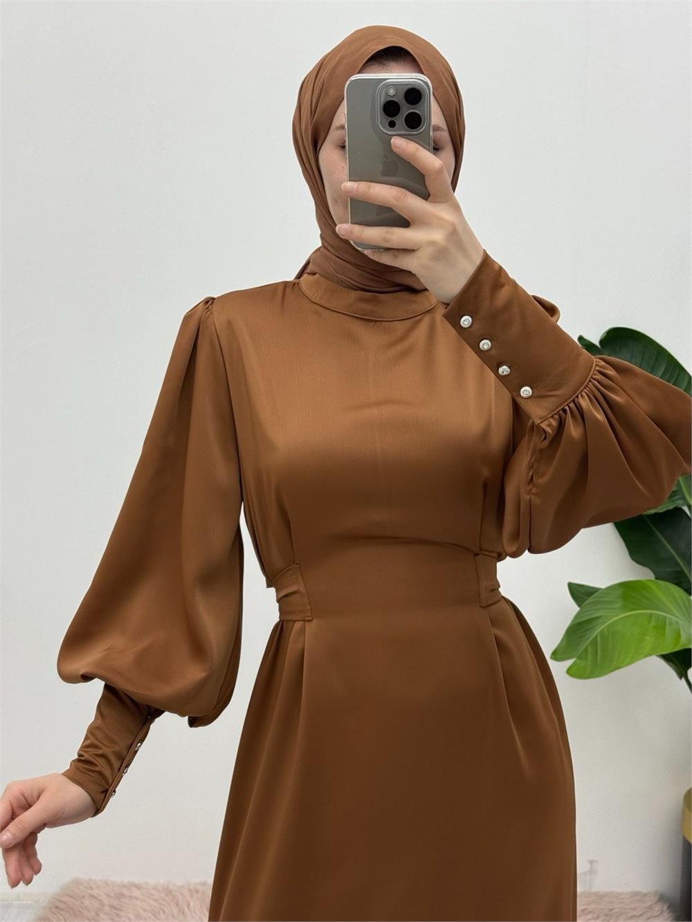 Long Cuffed Waist Tied Satin Balloon Sleeve Dress -Tan-386-6103-R12