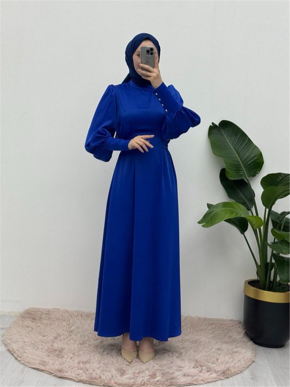 Long Cuffed Waist Tied Satin Balloon Sleeve Dress - Saks-386-6103-R10