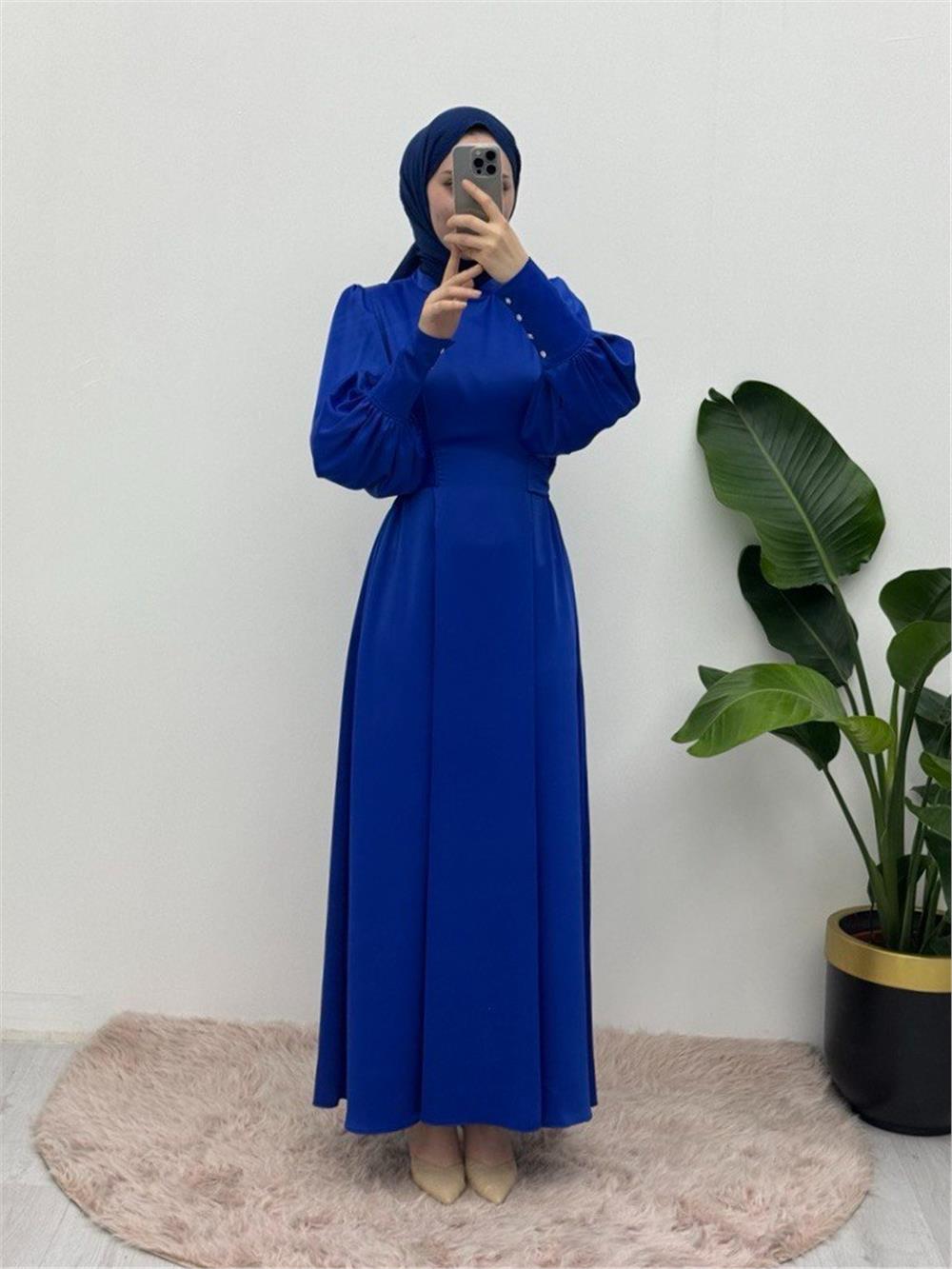 Long Cuffed Waist Tied Satin Balloon Sleeve Dress - Saks-386-6103-R10