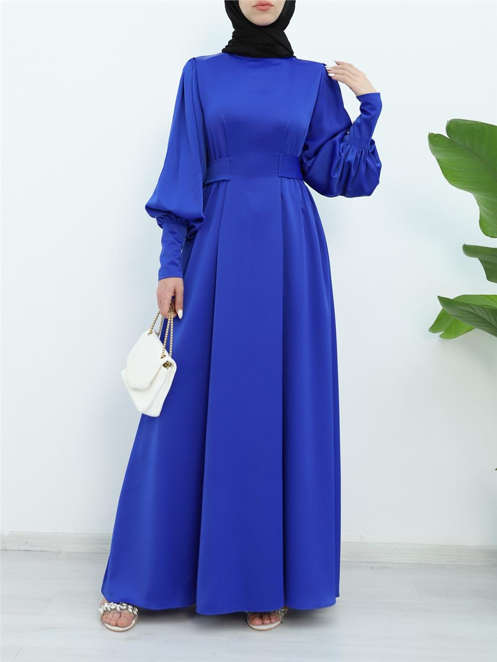Long Cuffed Waist Tied Satin Balloon Sleeve Dress - Saks-386-6103-R10