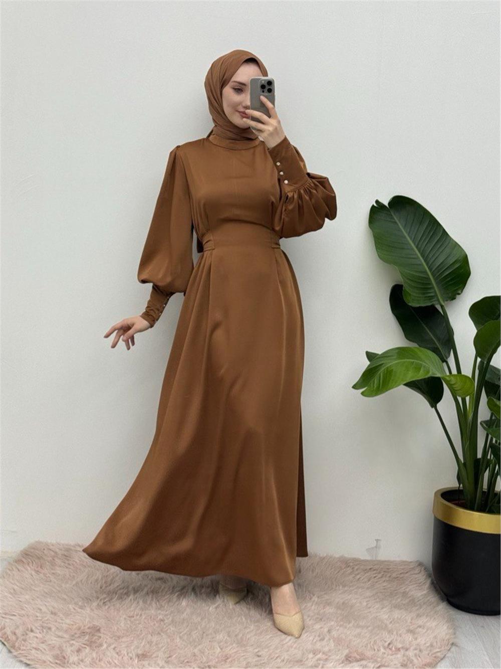 Long Cuffed Waist Tied Satin Balloon Sleeve Dress -Tan-386-6103-R12