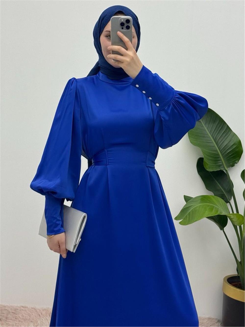 Long Cuffed Waist Tied Satin Balloon Sleeve Dress - Saks-386-6103-R10