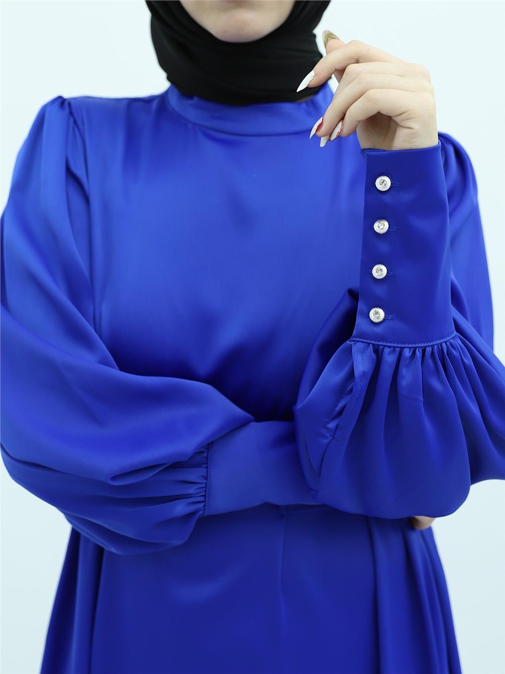 Long Cuffed Waist Tied Satin Balloon Sleeve Dress - Saks-386-6103-R10