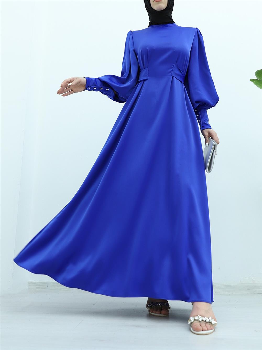 Long Cuffed Waist Tied Satin Balloon Sleeve Dress - Saks-386-6103-R10